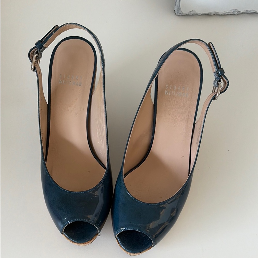 Stuart Weitzman Dark Blue Peep Toe Slingback Heels